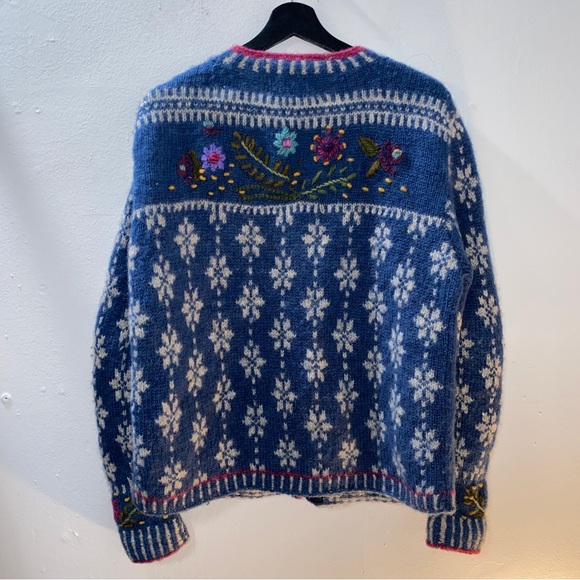 Vintage Lost Horizons Wool Floral Embroidered Fisherman Fair Isle Zip Sweater XL - Picture 9 of 14
